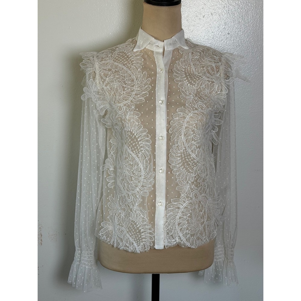 Women's White Sheer Lace Swiss Dot Blouse Small Romantic Victorian bride bridal - Picture 2 of 12